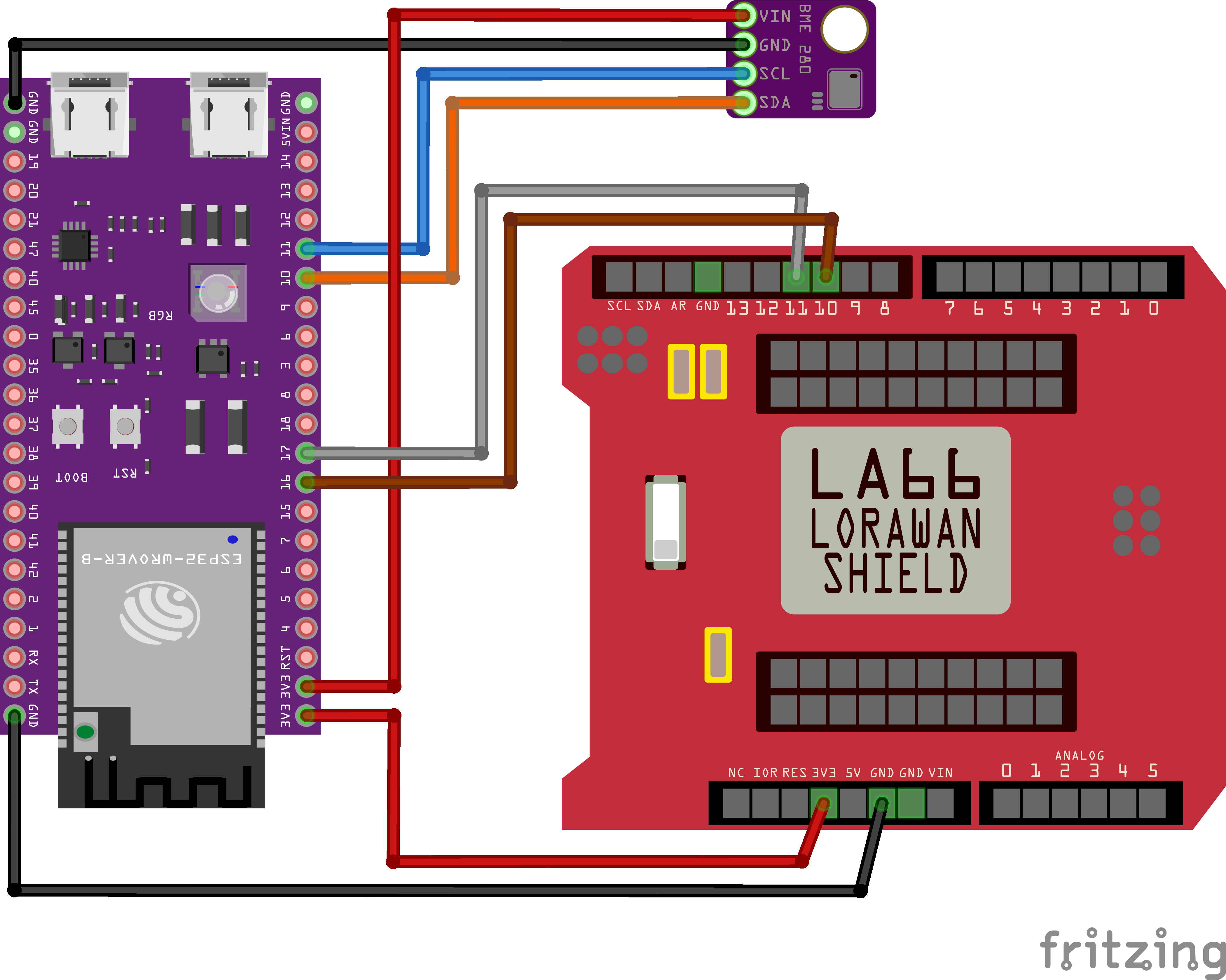 Verkabelung von ESP32, LA66 und BME280